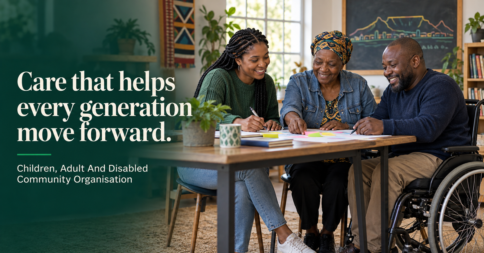 A young adult, an older adult, and an adult who uses a wheelchair collaborating around a table
